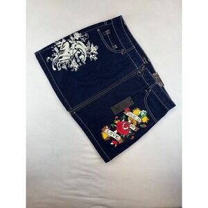Ed Hardy Women's Denim Skirt Y2K Tattoo‎ Graphic Mini Skirt Dark Wash Large New